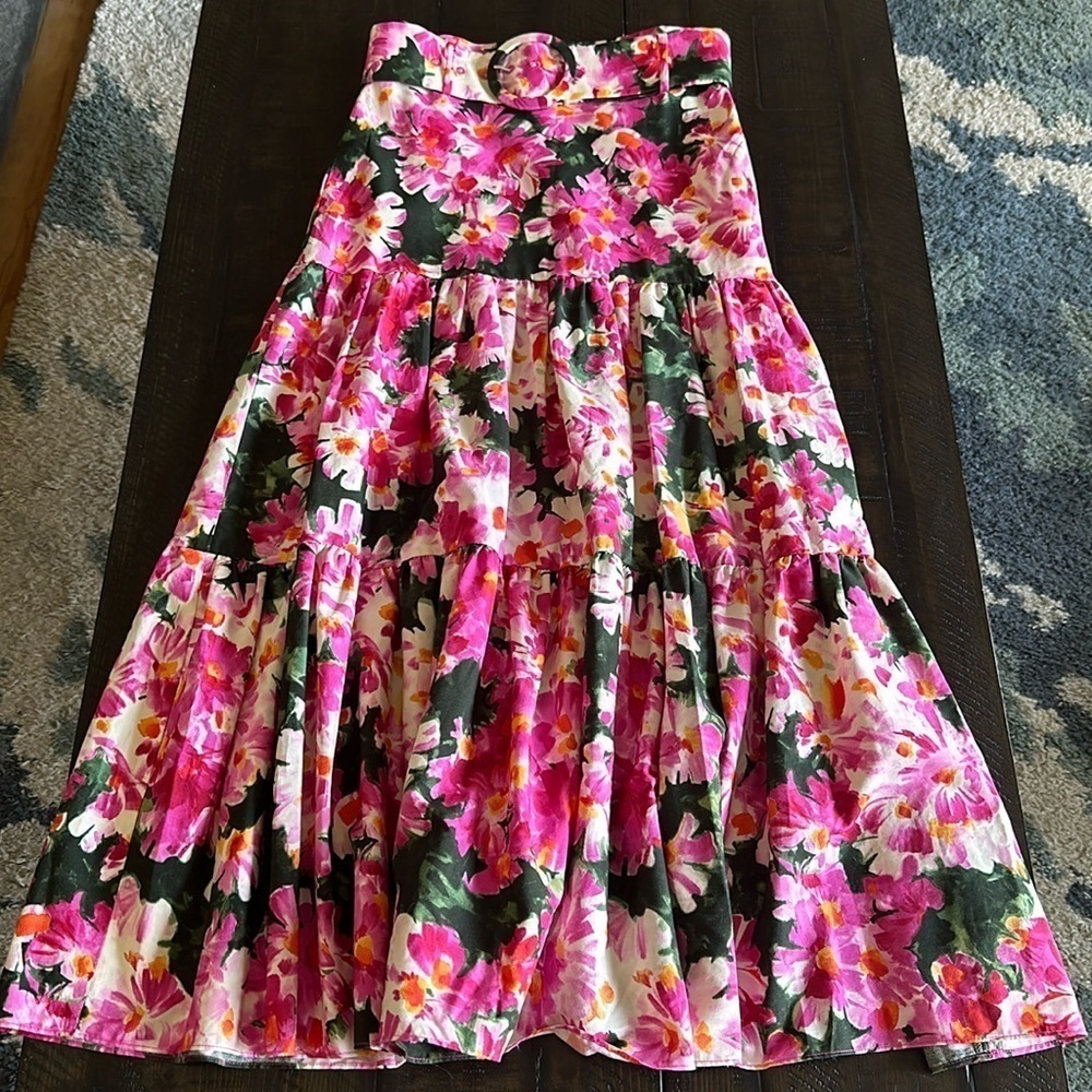 Zara Bloggers Fav Tiered Pleated Vibrant Floral Maxi Skirt Size XS Belted Spring - Picture 14 of 16